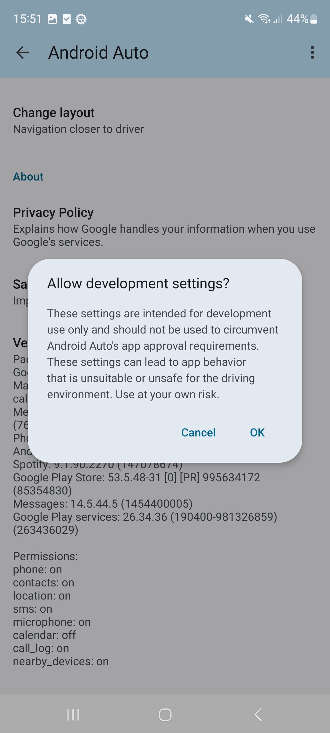 Potwierdzenie ustawień programisty Android Auto