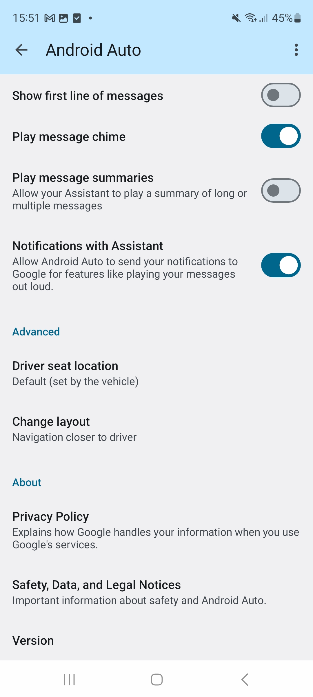 Pozycja Wersja na dole ustawień Android Auto
