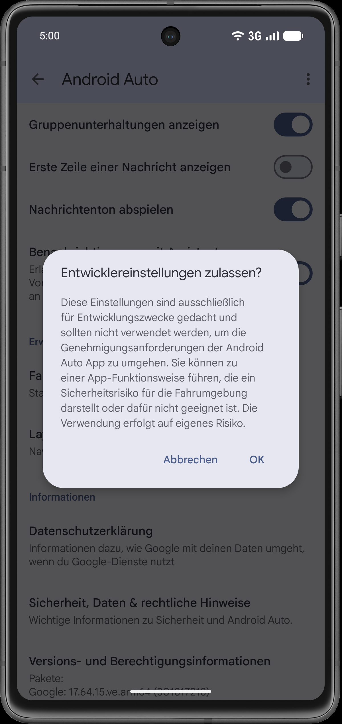 Entwicklereinstellungen bestätigen