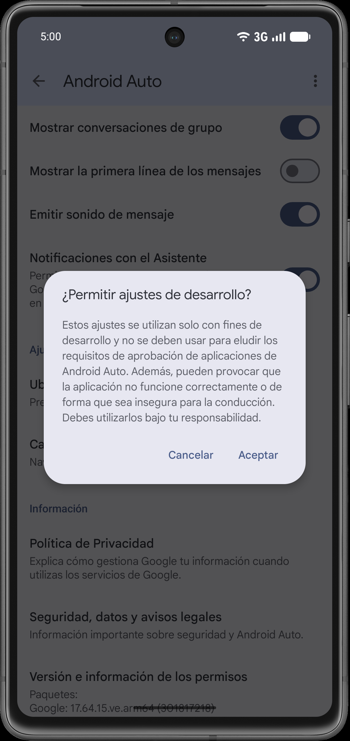 Confirma los ajustes de desarrollo