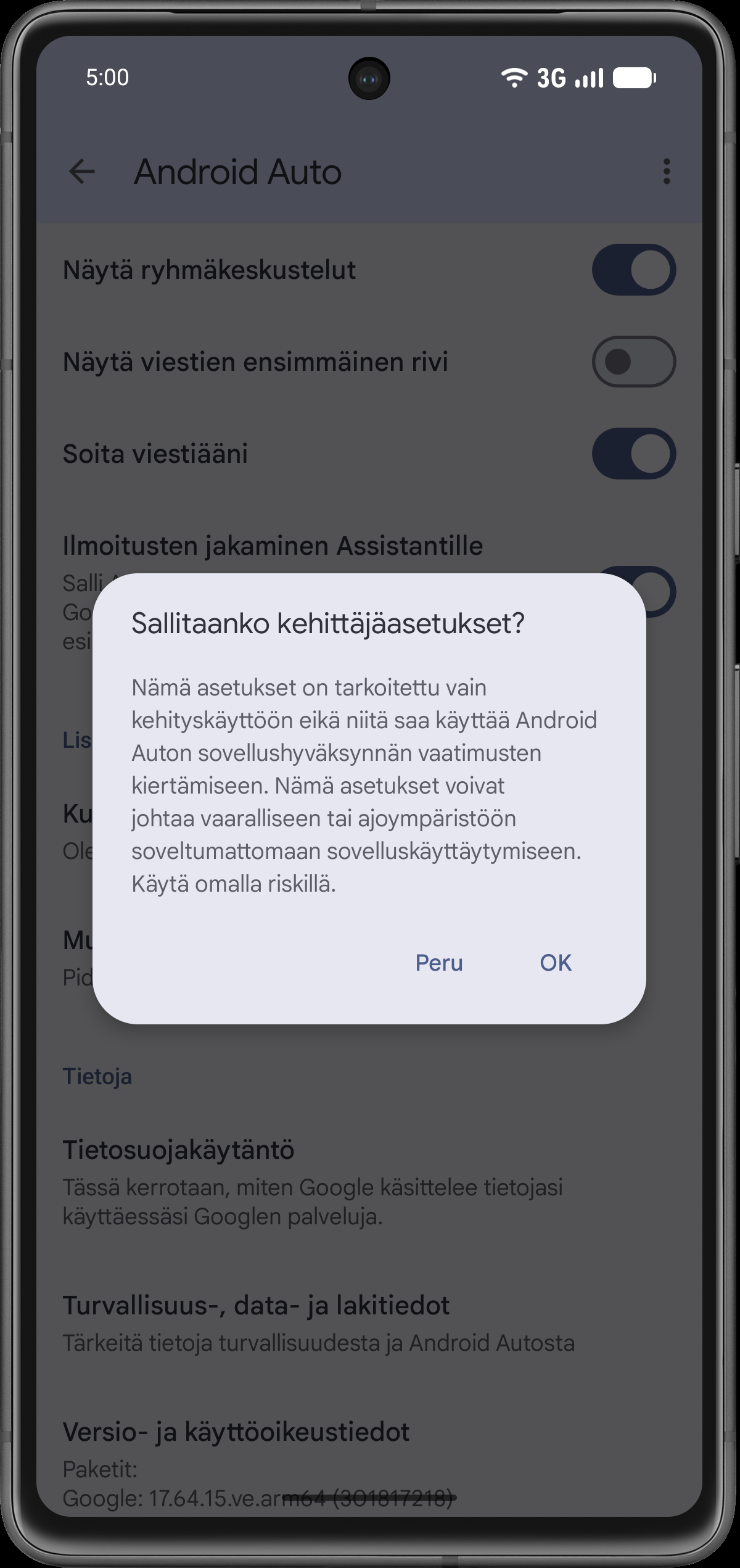 Vahvista kehittäjäasetukset