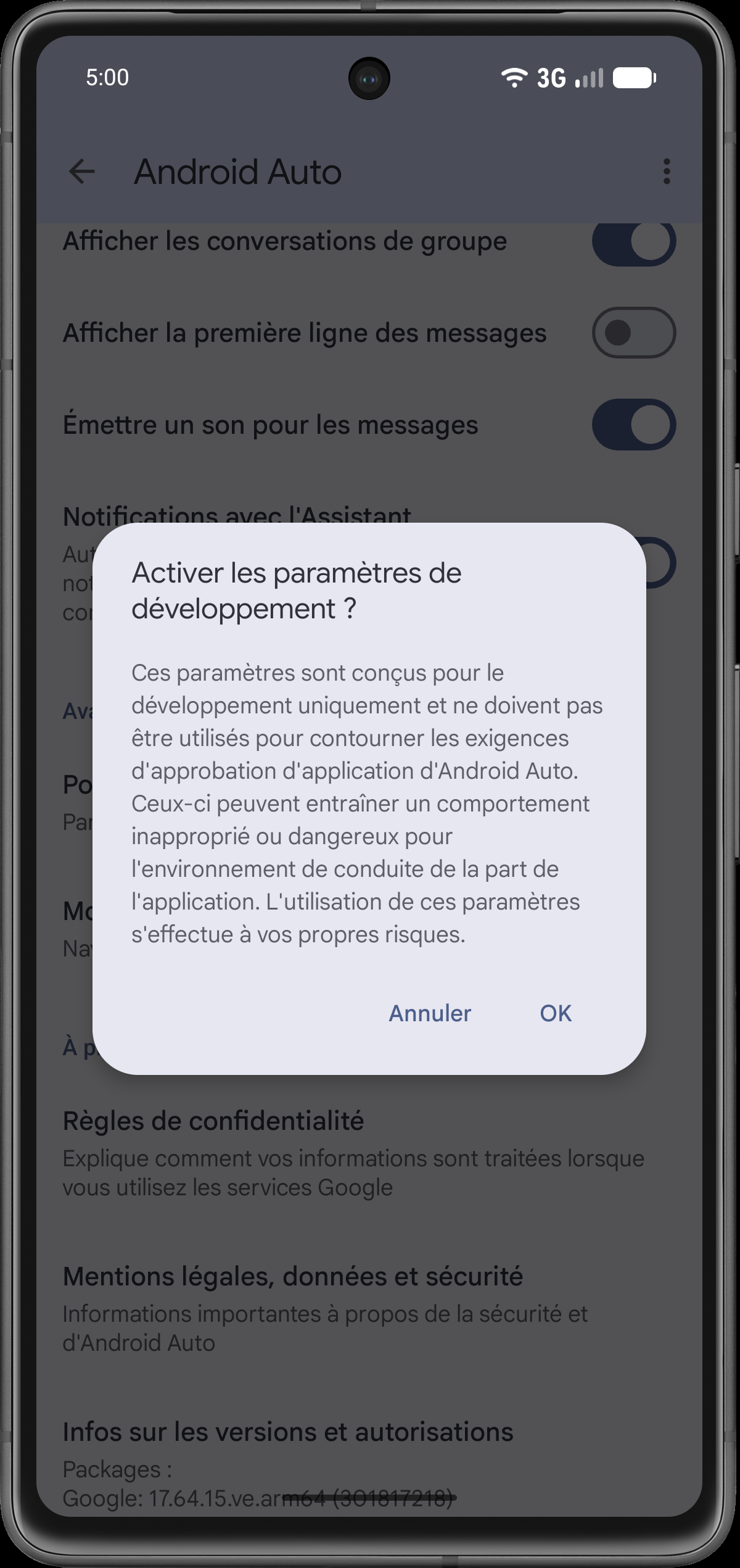 Confirmer les paramètres de développement