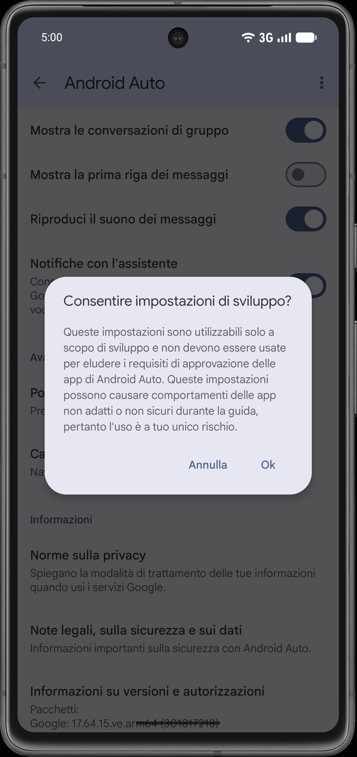 Conferma le impostazioni di sviluppo