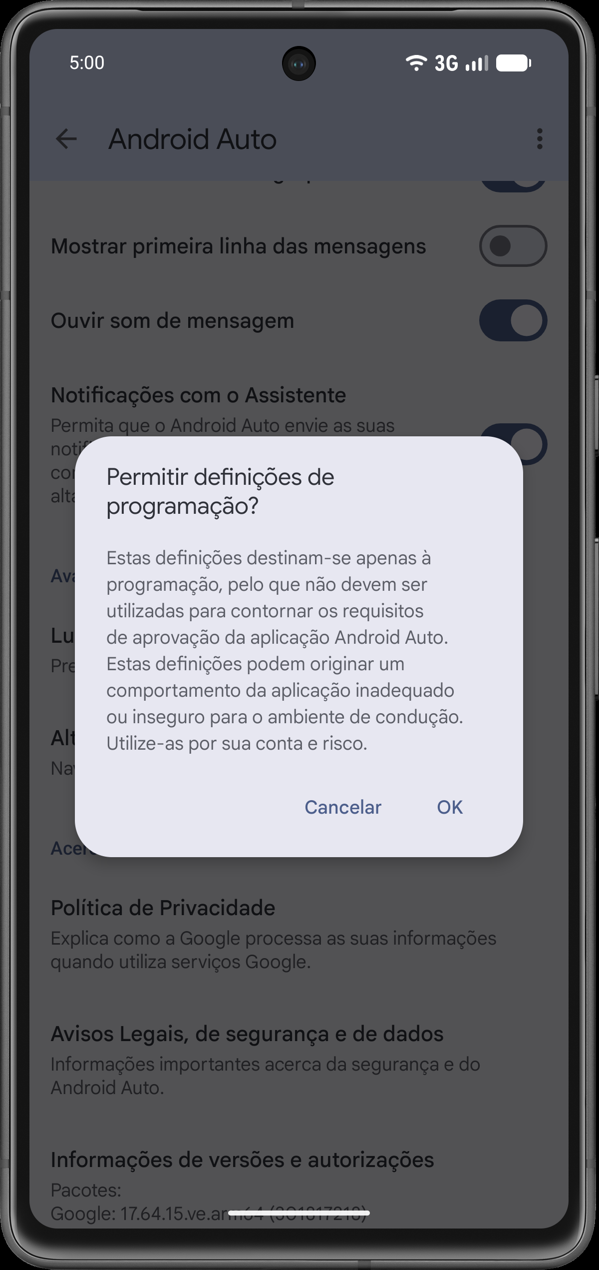 Confirme as configurações de desenvolvimento