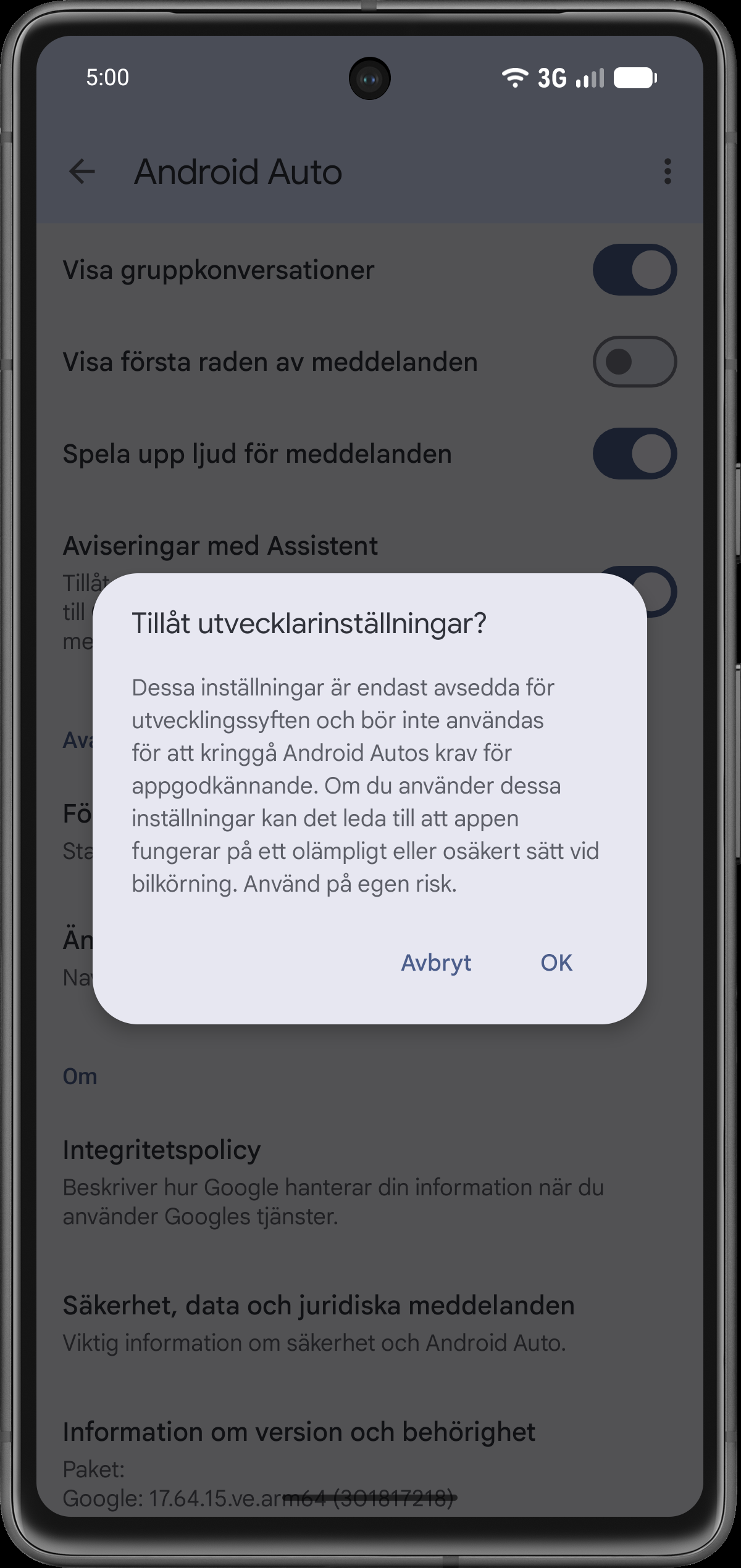 Bekräfta utvecklarinställningarna